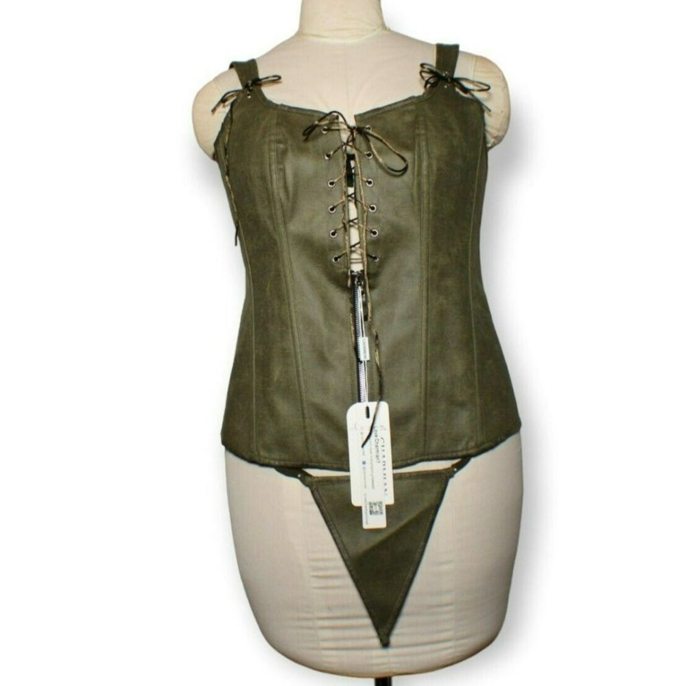 Renaissance Vintage Style Lace Up Bustier Olive Green Corset W/Thong XXL NWT